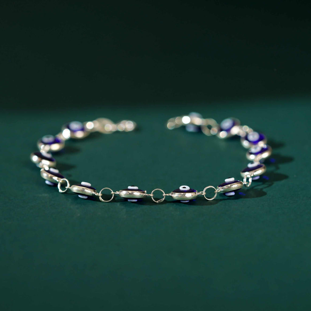Minimalist Blue Enamel Evil Eye Bracelet in Pure 92.5 Silver by Tavya Jewellery - close-up detail