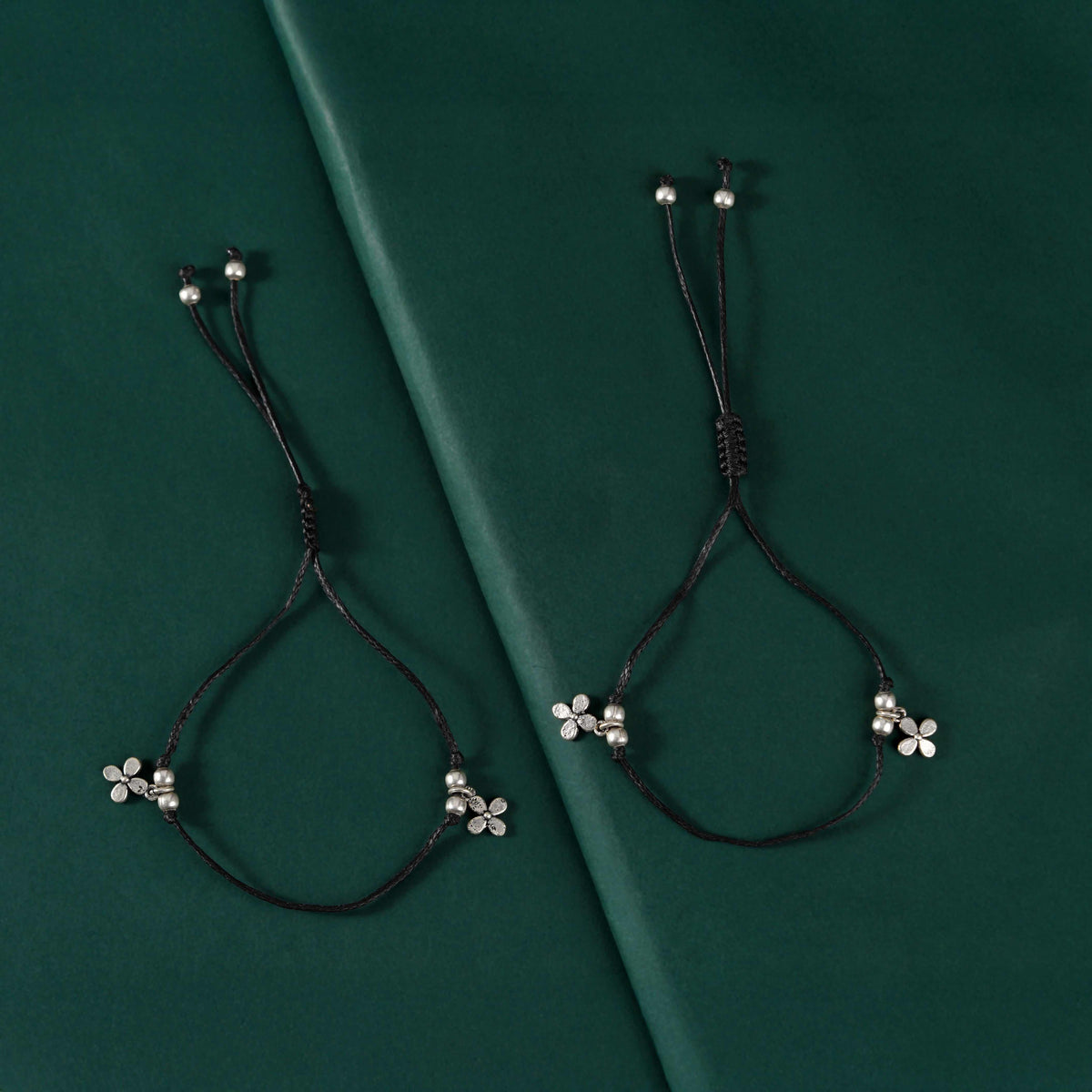 Silver Dual Floral Charm Adjustable Anklet Set by Tavya Jewellery - front view