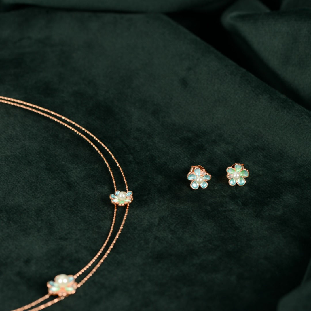 Rose Gold Mint Pearl Flower Set by Tavya Jewellery - side view