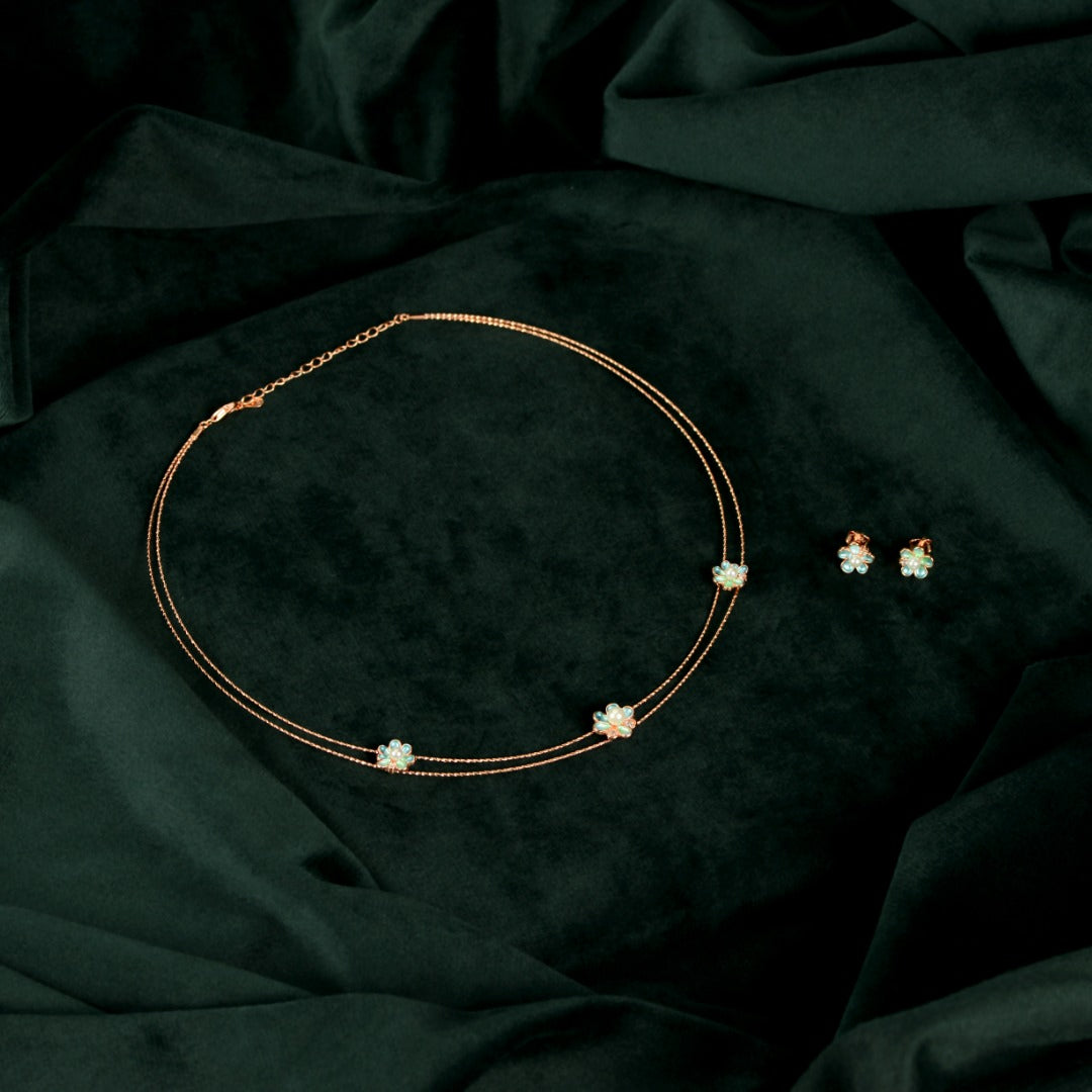 Rose Gold Mint Pearl Flower Set by Tavya Jewellery - front view