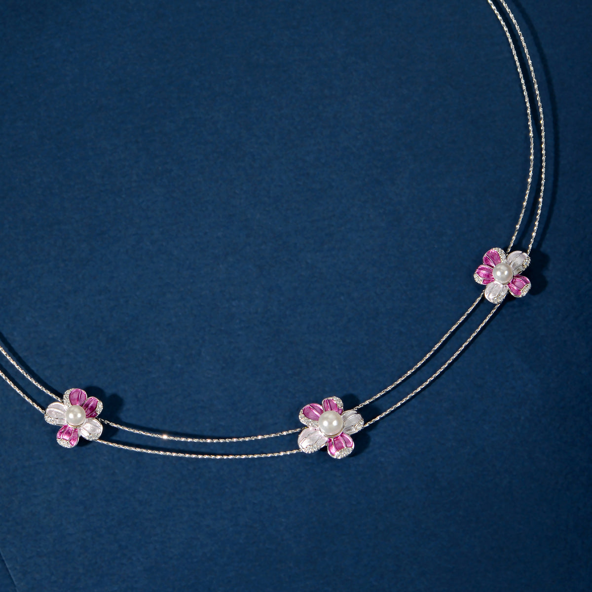 Silver Pink Pearl Flower Set by Tavya Jewellery - close-up detail