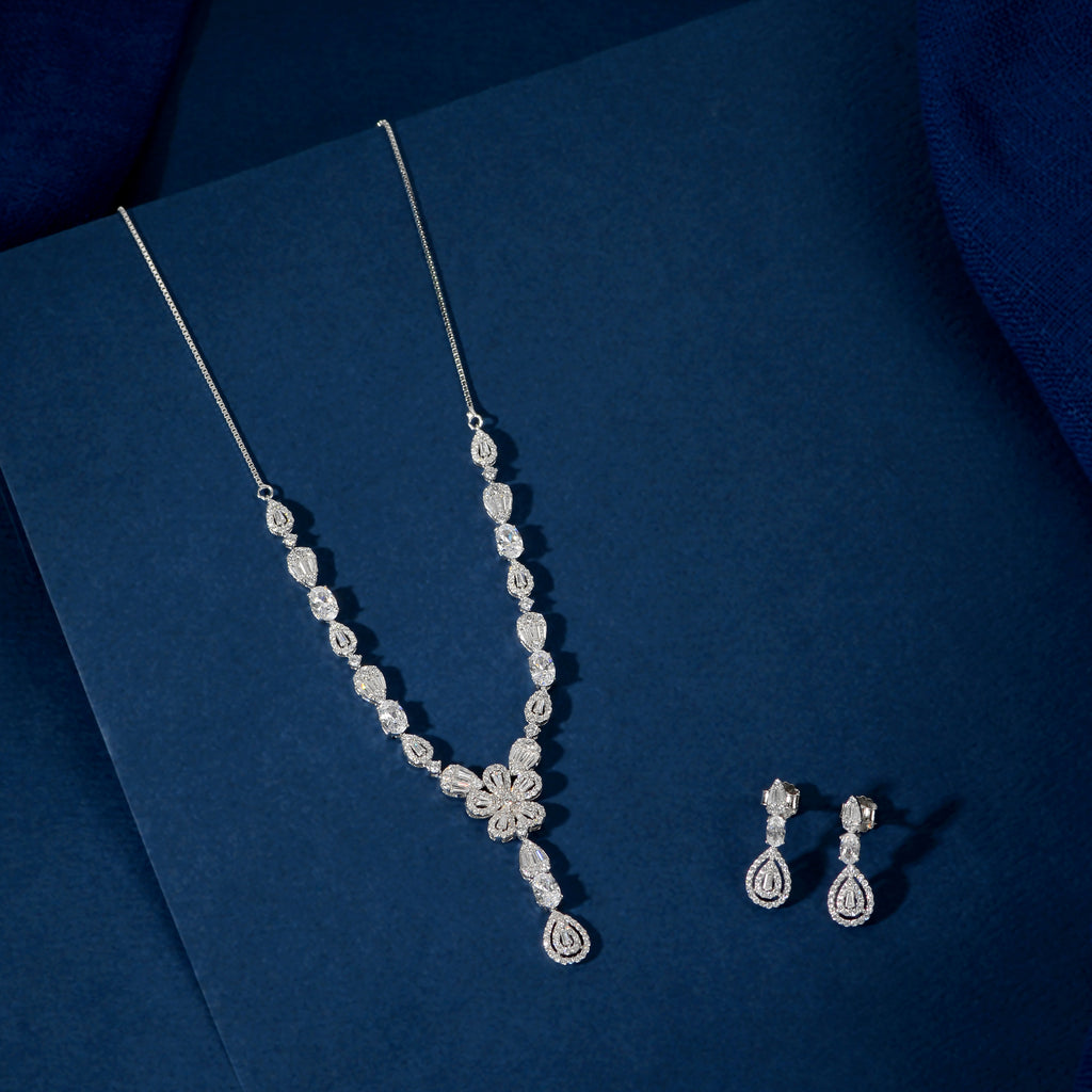 Silver Floral Drop Set by Tavya Jewellery - front view