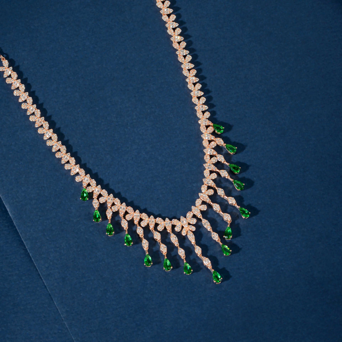Rose Gold Emerald Drop Fringe Set by Tavya Jewellery - close-up detail