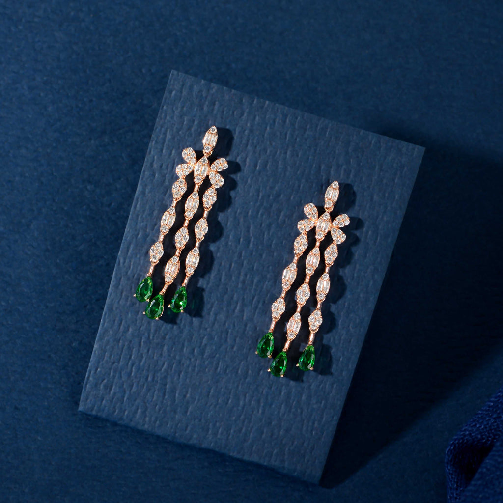 Rose Gold Emerald Drop Fringe Set by Tavya Jewellery - side view