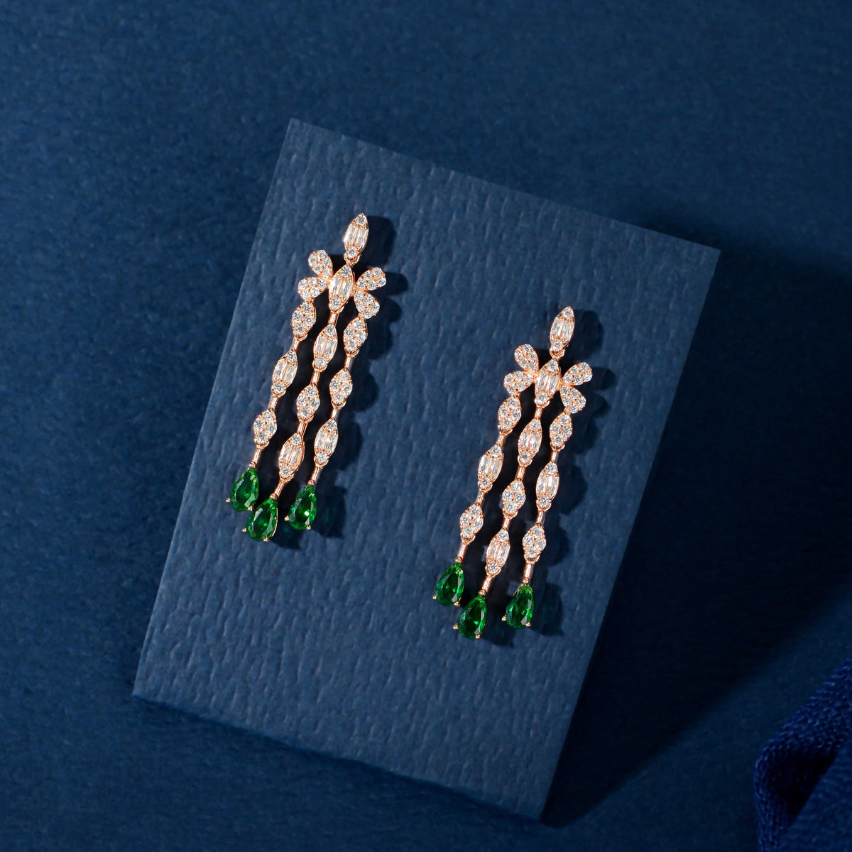 Rose Gold Emerald Drop Fringe Set by Tavya Jewellery - side view