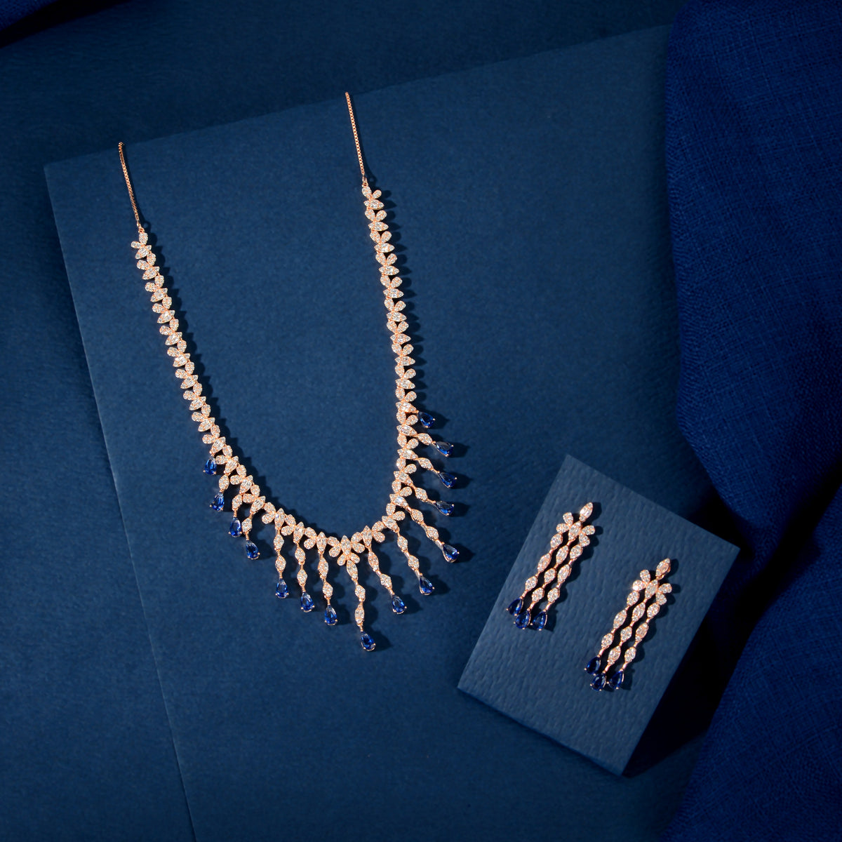 Rose Gold Sapphire Fringe Set by Tavya Jewellery - front view