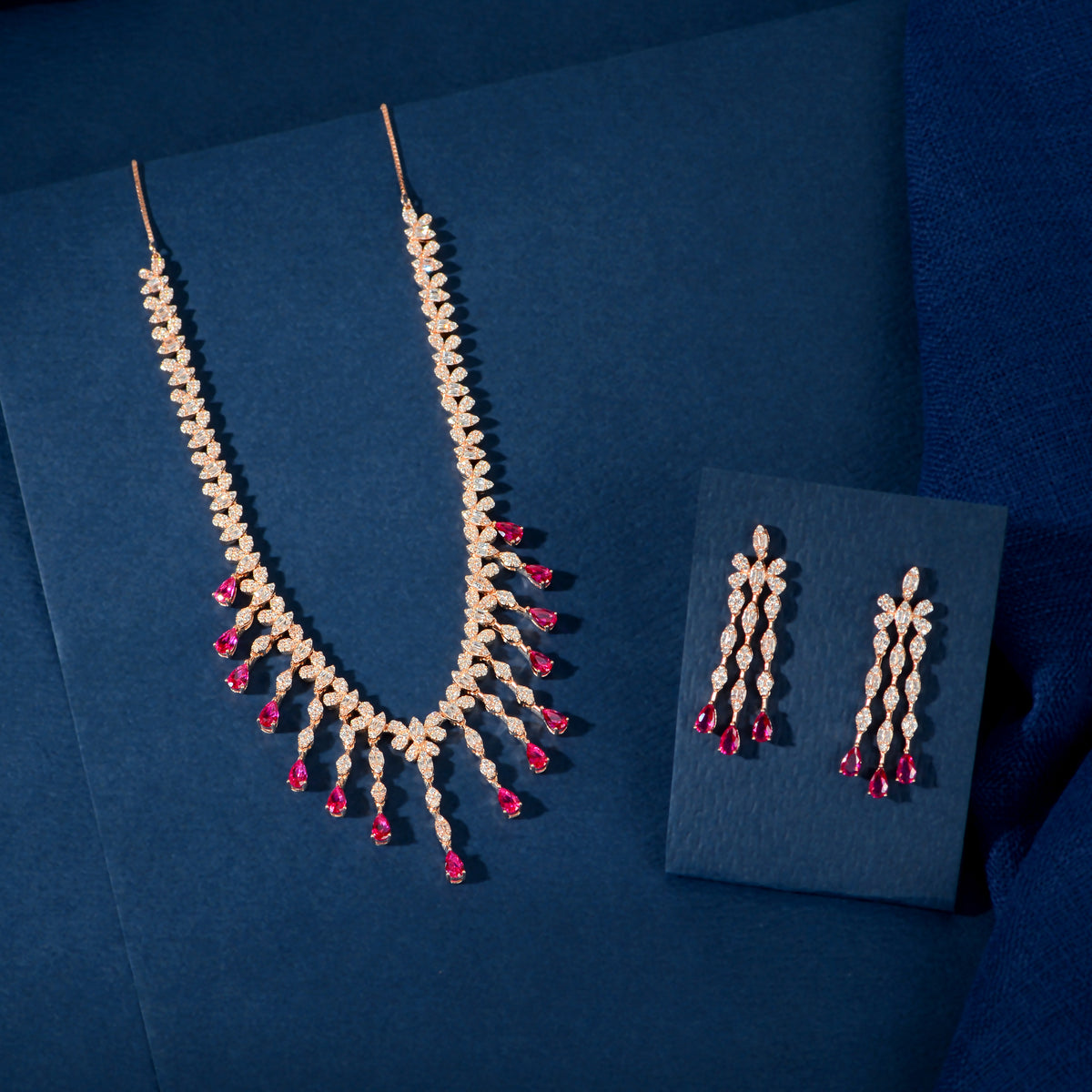 Rose Gold Ruby Fringe Set by Tavya Jewellery - front view
