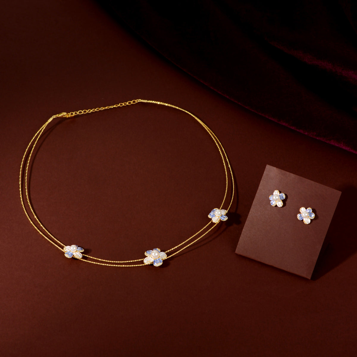 Gold Blue Pearl Flower Set by Tavya Jewellery - front view
