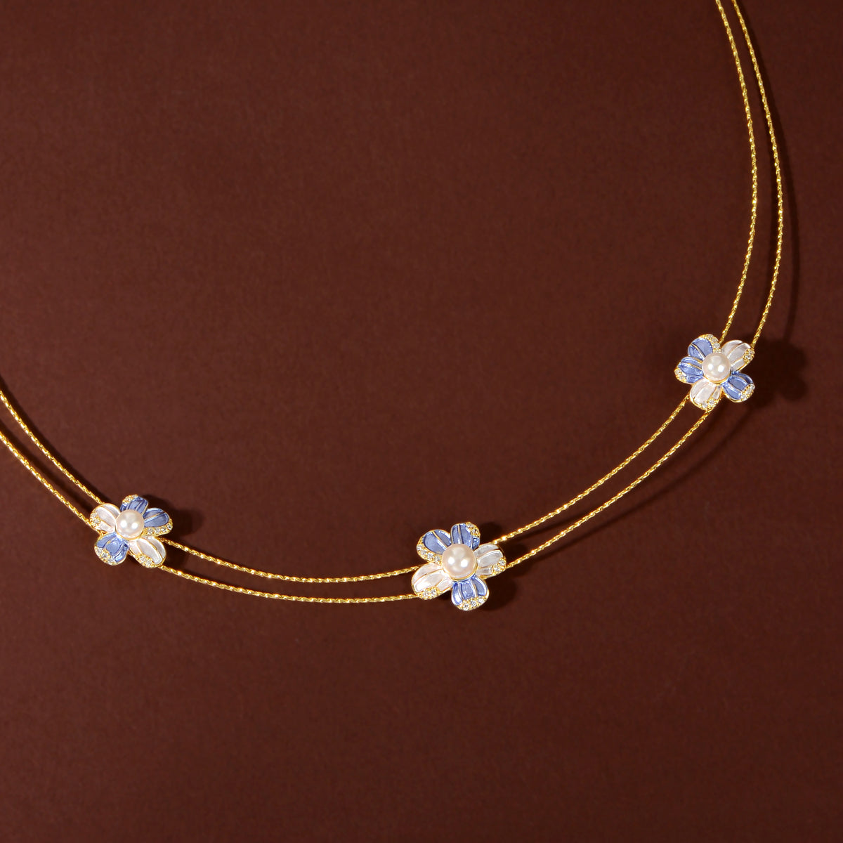 Gold Blue Pearl Flower Set by Tavya Jewellery - close-up detail