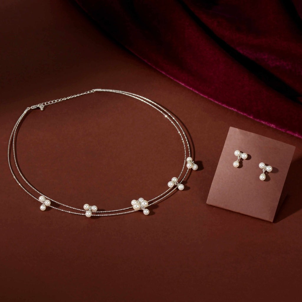 Dangling Pearl Trio Set by Tavya Jewellery - front view