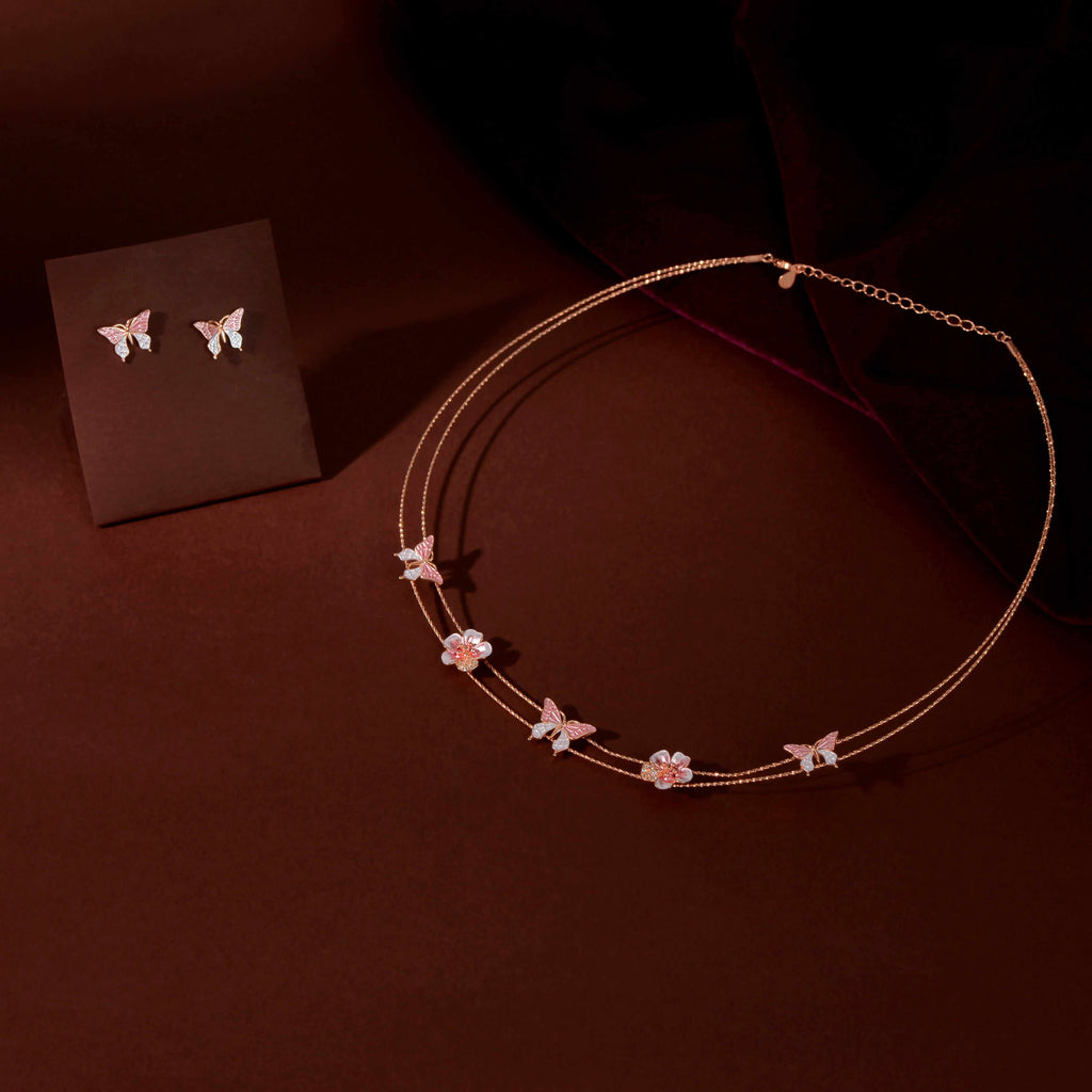 Rose Gold Pink Butterfly & Bloom Set by Tavya Jewellery - front view