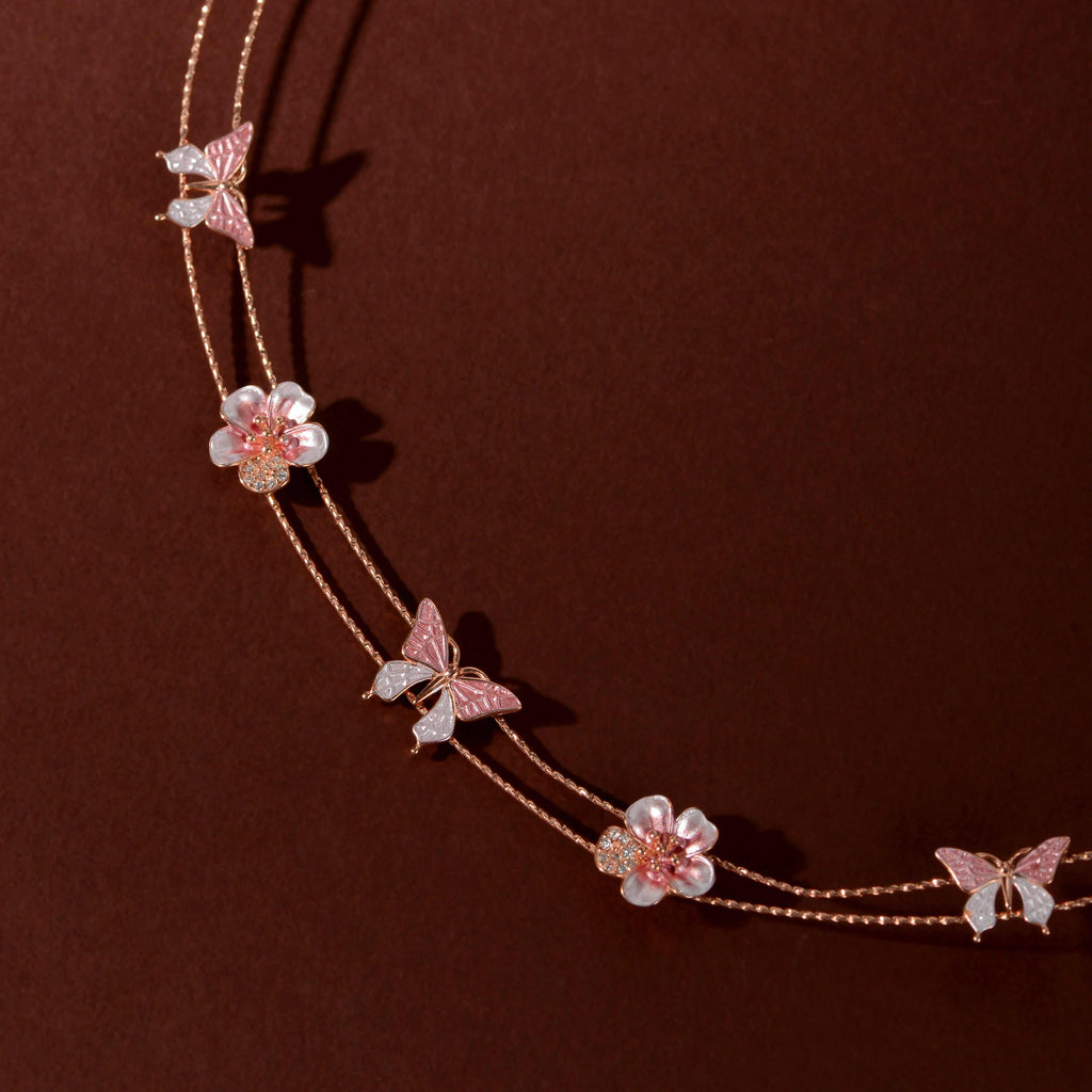 Rose Gold Pink Butterfly & Bloom Set by Tavya Jewellery - close-up detail