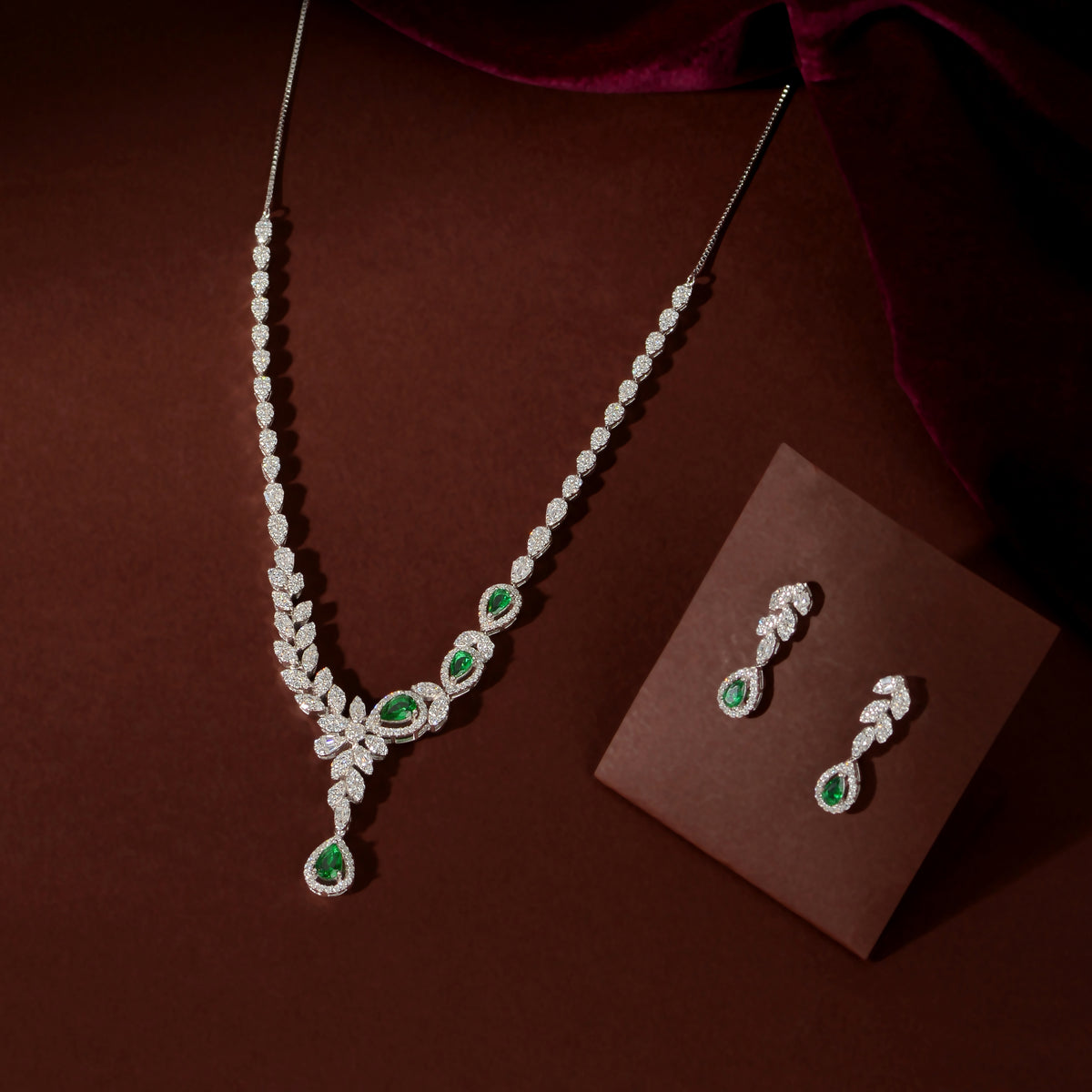 Silver Emerald Vine Set by Tavya Jewellery - front view