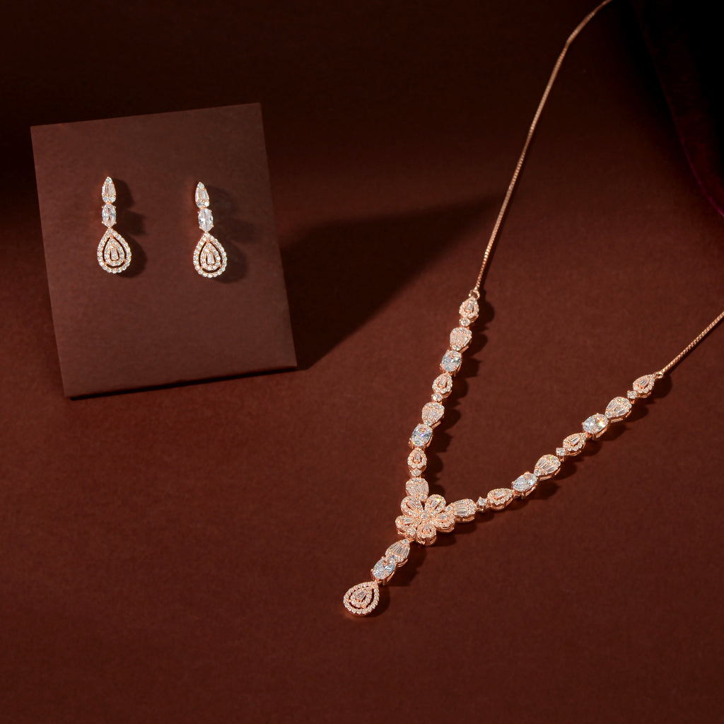 Rose Gold Floral Drop Set by Tavya Jewellery - front view