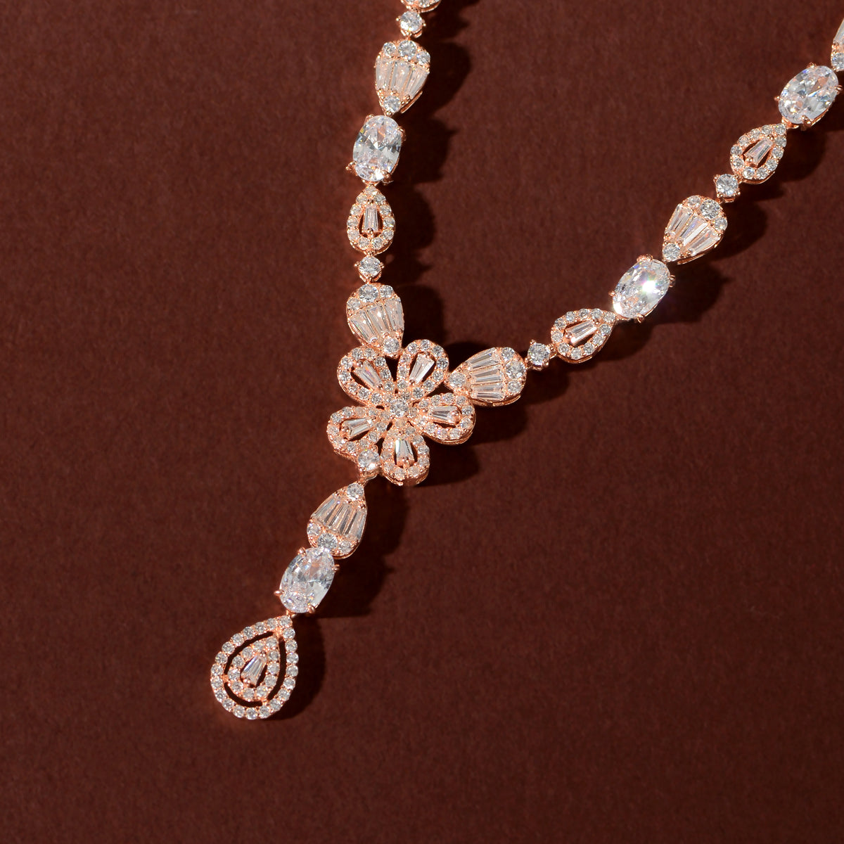 Rose Gold Floral Drop Set by Tavya Jewellery - close-up detail