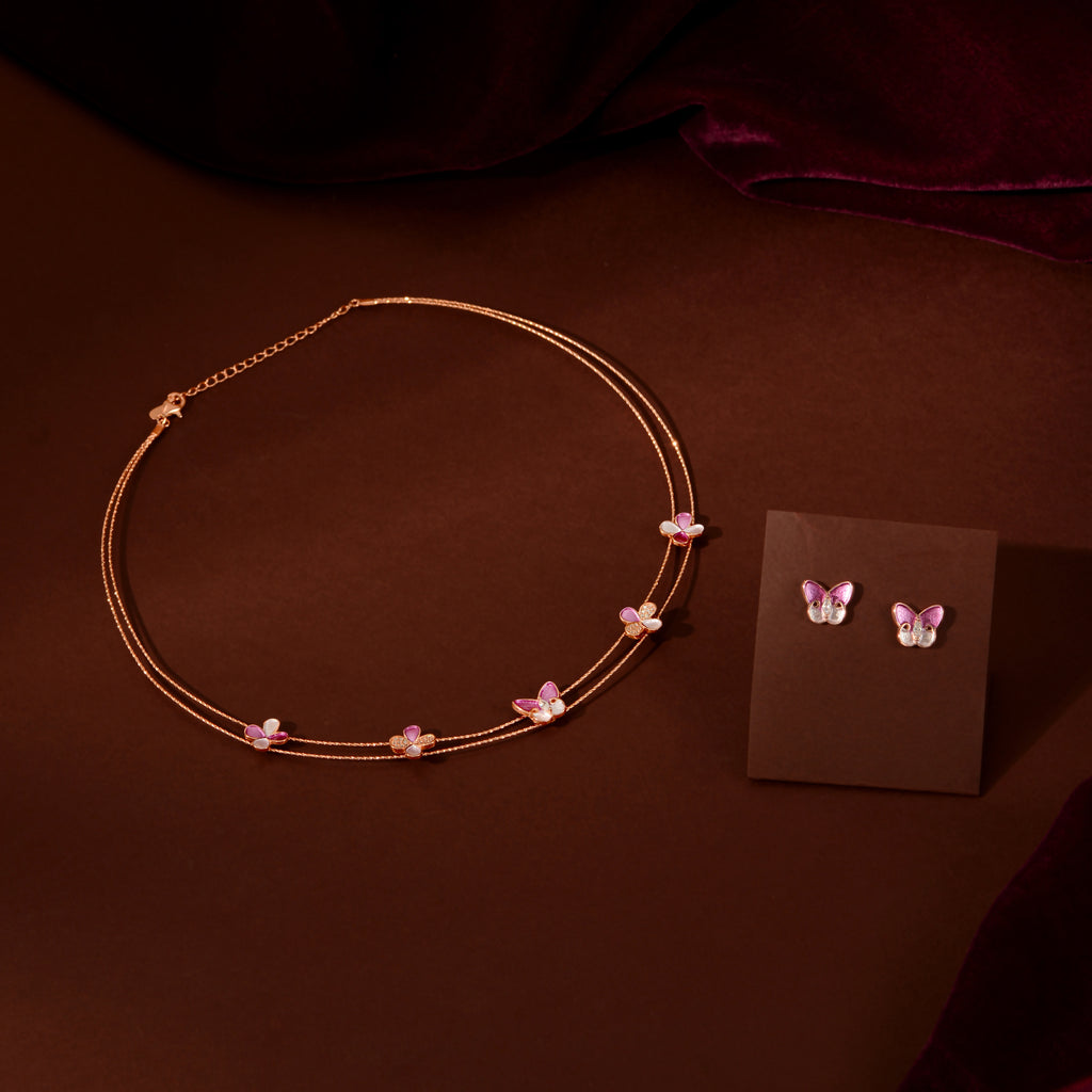 Rose Gold Pink Butterfly Set by Tavya Jewellery - front view