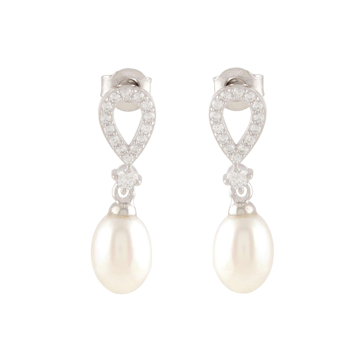 White Pearl Drop Earrings featuring teardrop-shaped silver studs with sparkling stones and dangling oval pearls.