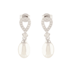 White Pearl Drop Earrings Adorned with Sparkling Stones by Tavya Jewellery - styled close-up