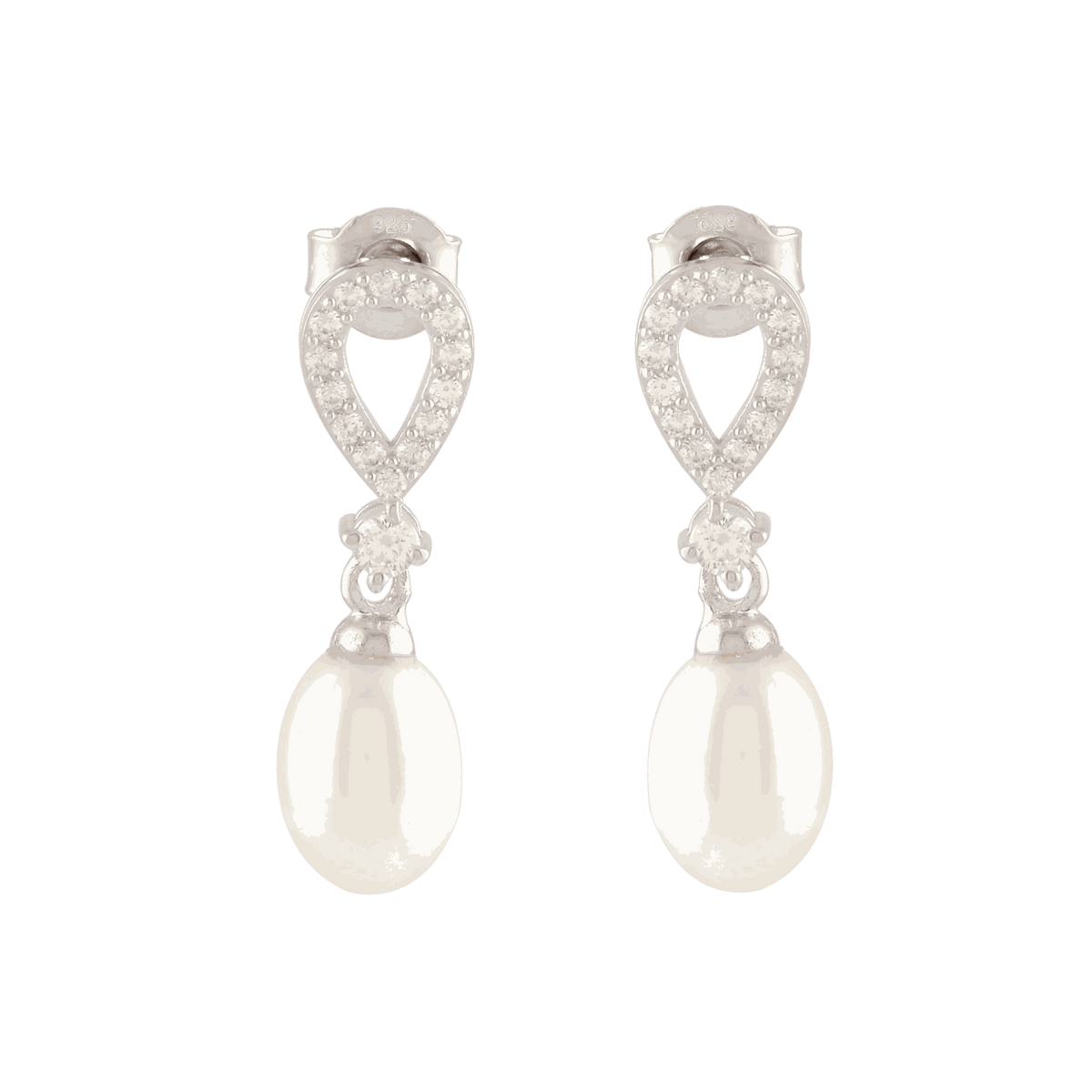 White Pearl Drop Earrings Adorned with Sparkling Stones by Tavya Jewellery - styled close-up