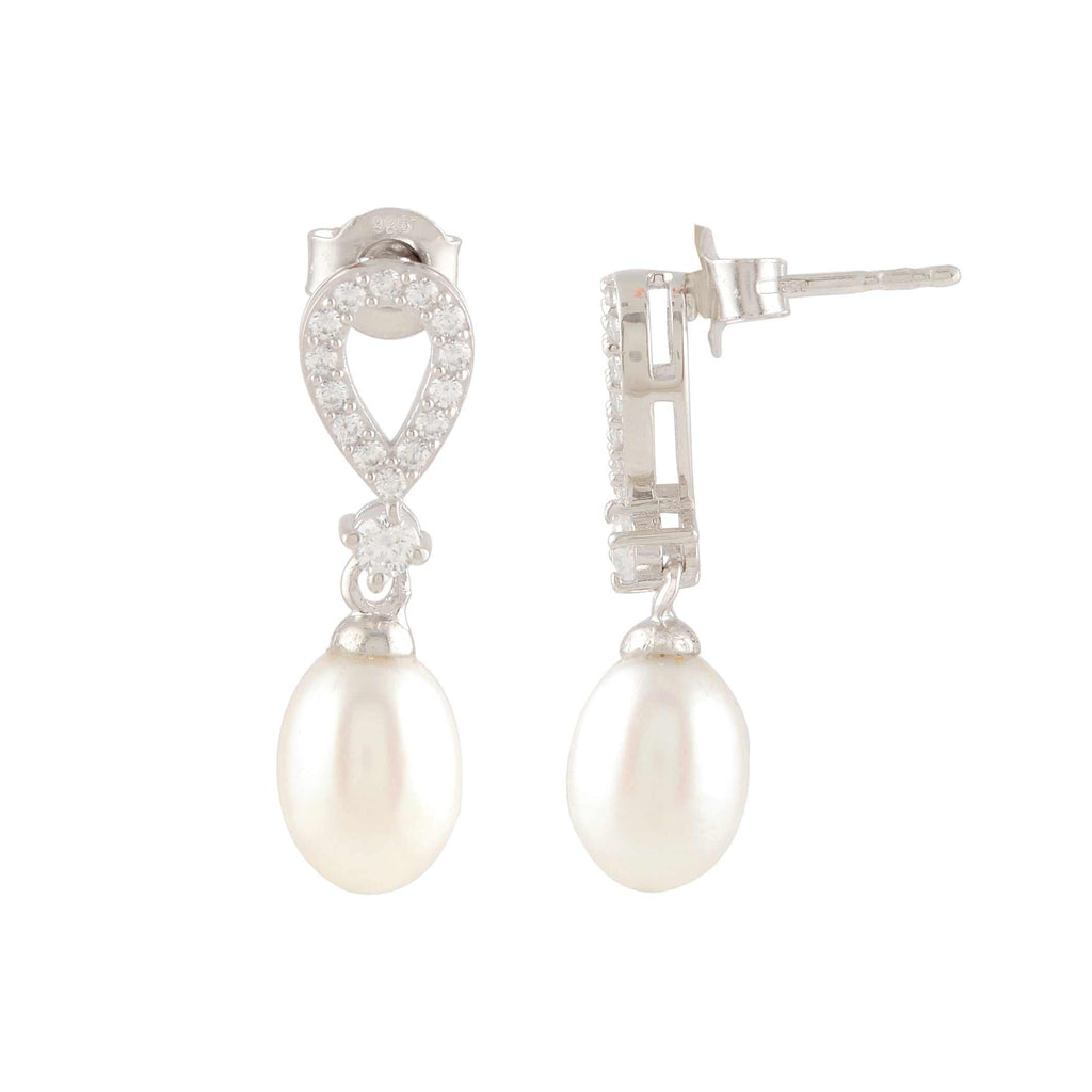 White Pearl Drop Earrings Adorned with Sparkling Stones by Tavya Jewellery - side view