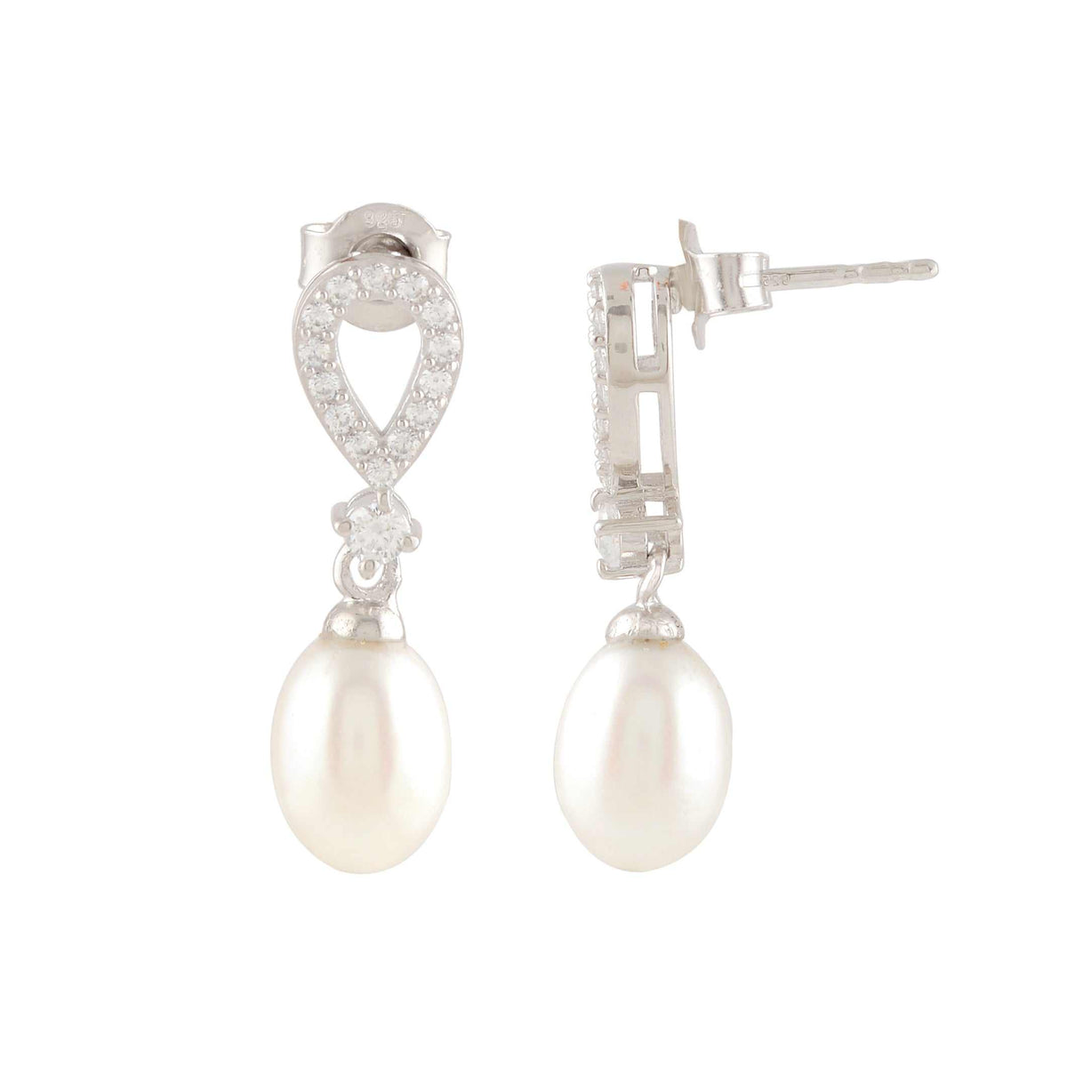 White Pearl Drop Earrings Adorned with Sparkling Stones by Tavya Jewellery - side view