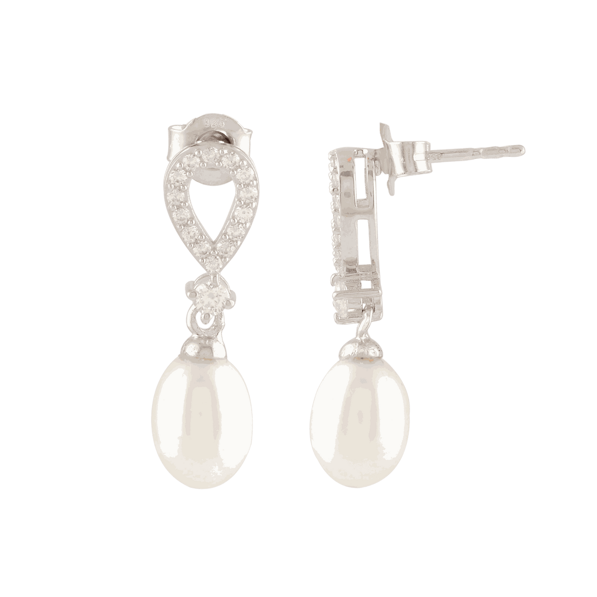White Pearl Drop Earrings Adorned with Sparkling Stones by Tavya Jewellery - full view