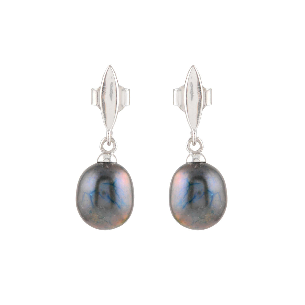 Silver Earrings with sleek silver setting and hanging round black pearls exhibiting subtle iridescent hues and smooth texture