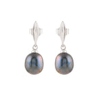 Silver Earrings with sleek silver setting and hanging round black pearls exhibiting subtle iridescent hues and smooth texture