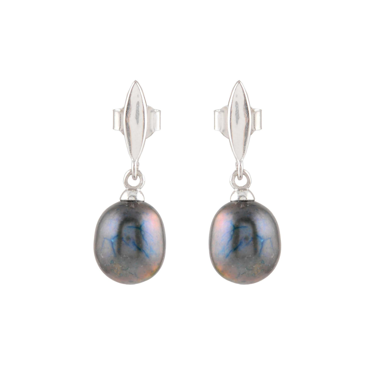 Silver Earrings with sleek silver setting and hanging round black pearls exhibiting subtle iridescent hues and smooth texture