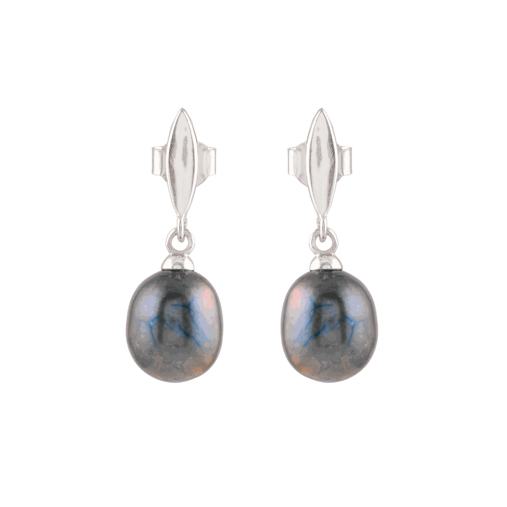 Silver Earrings with Hanging Black Pearl by Tavya Jewellery - styled close-up