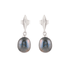 Silver Earrings with Hanging Black Pearl by Tavya Jewellery - styled close-up