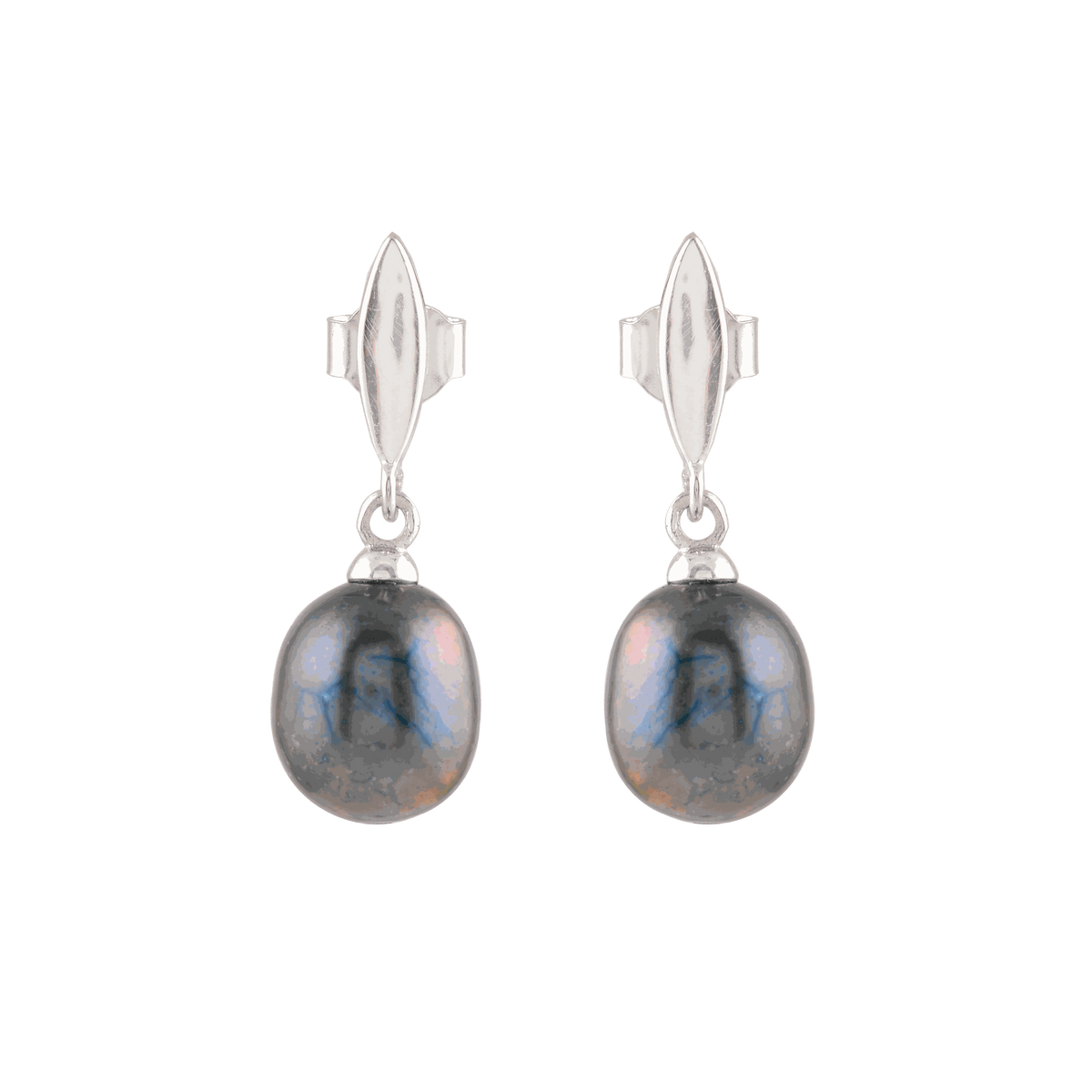 Silver Earrings with Hanging Black Pearl by Tavya Jewellery - styled close-up