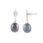 Silver Earrings with Hanging Black Pearl by Tavya Jewellery - full view