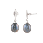 Silver Earrings with Hanging Black Pearl by Tavya Jewellery - side view