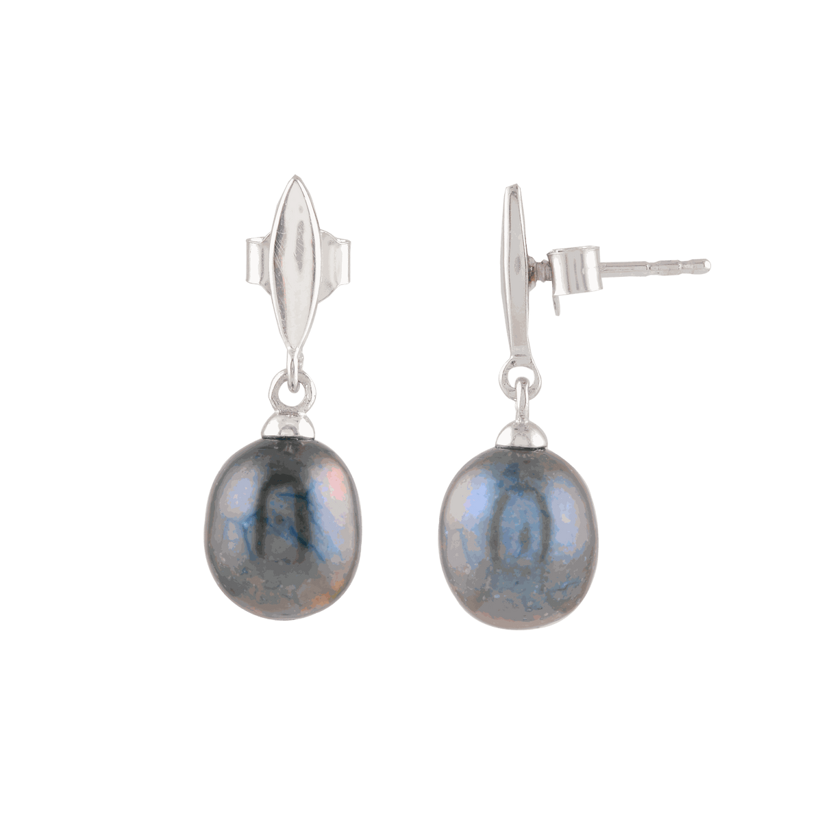 Silver Earrings with Hanging Black Pearl by Tavya Jewellery - side view