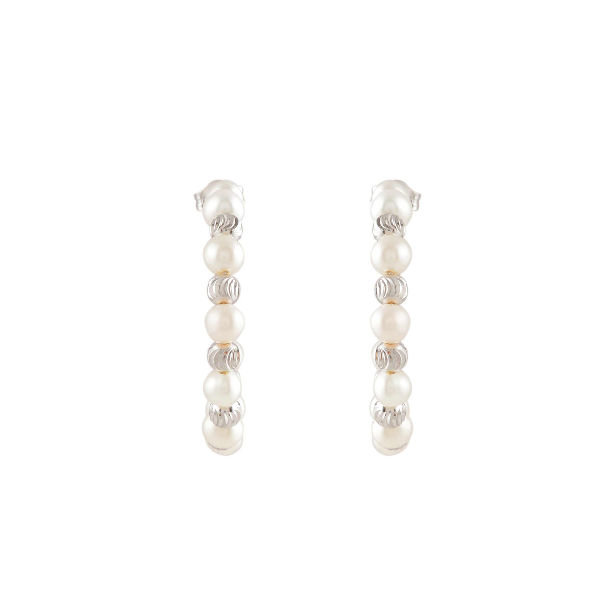 Orbit Pearl Stud Earrings featuring a vertical row of white pearls and silver textured accents in a compact design.