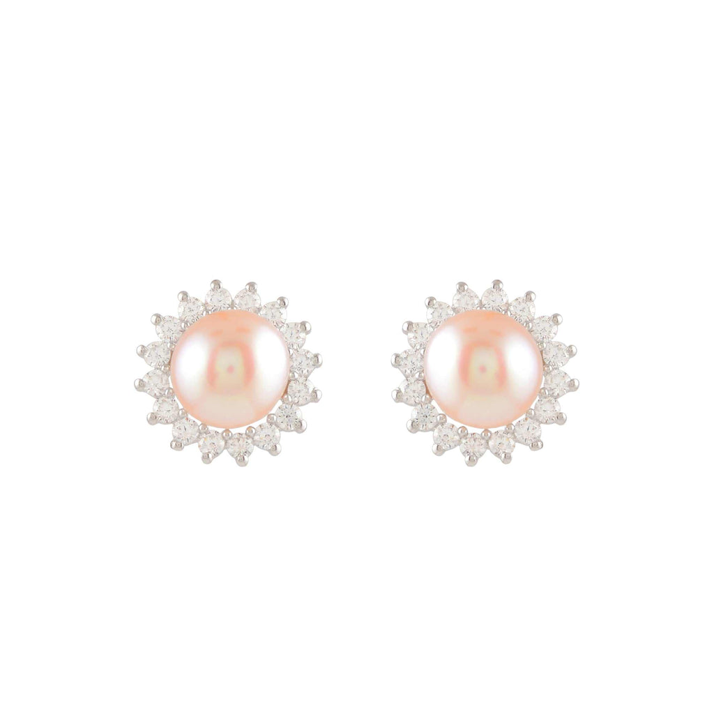 Celestial Bloom Pearl Earrings featuring round pink freshwater pearls surrounded by sparkling CZ floral halo in sterling silver setting.