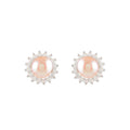 Celestial Bloom Pearl Earrings featuring round pink freshwater pearls surrounded by sparkling CZ floral halo in sterling silver setting.