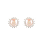 Celestial Bloom Pearl Earrings featuring round pink freshwater pearls surrounded by sparkling CZ floral halo in sterling silver setting.