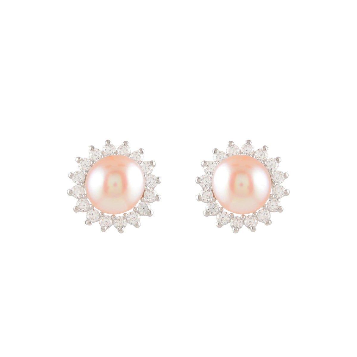 Celestial Bloom Pearl Earrings featuring round pink freshwater pearls surrounded by sparkling CZ floral halo in sterling silver setting.