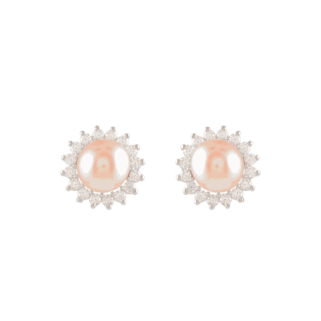 Celestial Bloom Pearl Stud Earrings (Sterling Silver Freshwater Pearls) by Tavya Jewellery - styled close-up