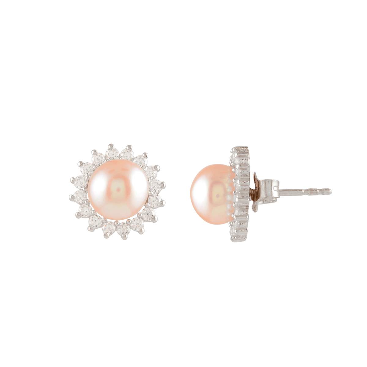 Celestial Bloom Pearl Stud Earrings (Sterling Silver Freshwater Pearls) by Tavya Jewellery - side view
