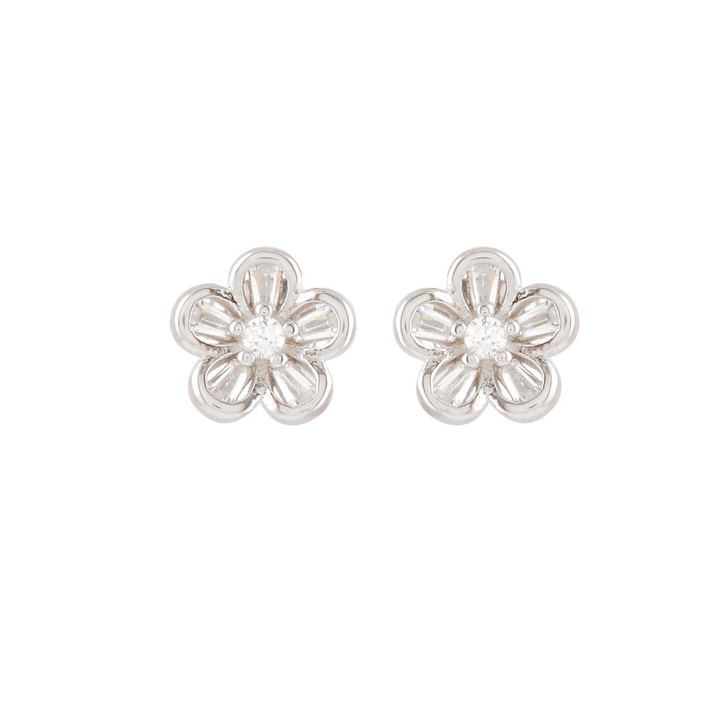 Floral Pearl Stud Earrings in silver-tone metal with flower petal design and small clustered pearl accents at the center.