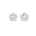 Floral Pearl Stud Earrings in silver-tone metal with flower petal design and small clustered pearl accents at the center.