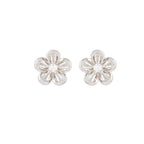 Floral Pearl Stud Earrings in silver-tone metal with flower petal design and small clustered pearl accents at the center.