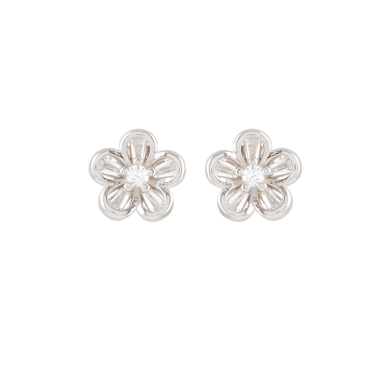 Floral Pearl Stud Earrings in silver-tone metal with flower petal design and small clustered pearl accents at the center.