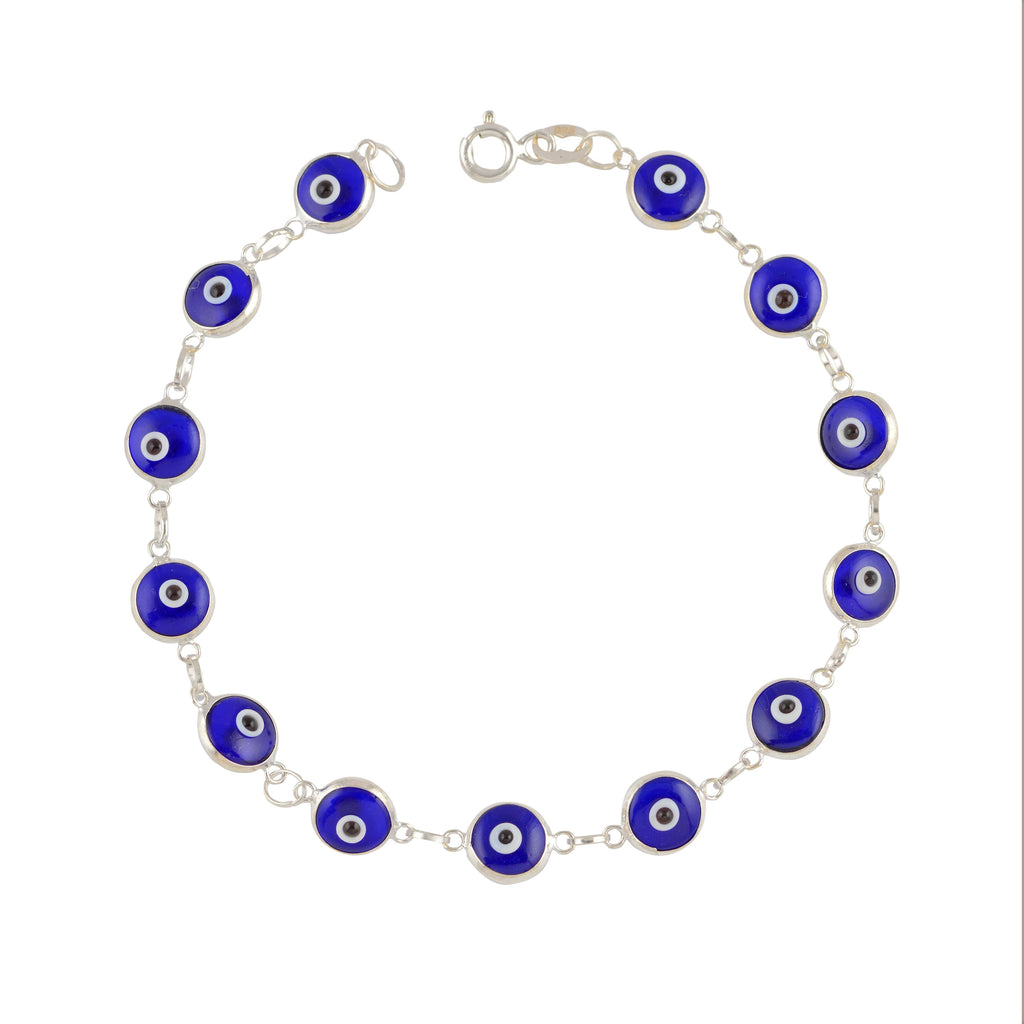 Minimalist Blue Enamel Evil Eye Bracelet in Pure 92.5 Silver by Tavya Jewellery - side view