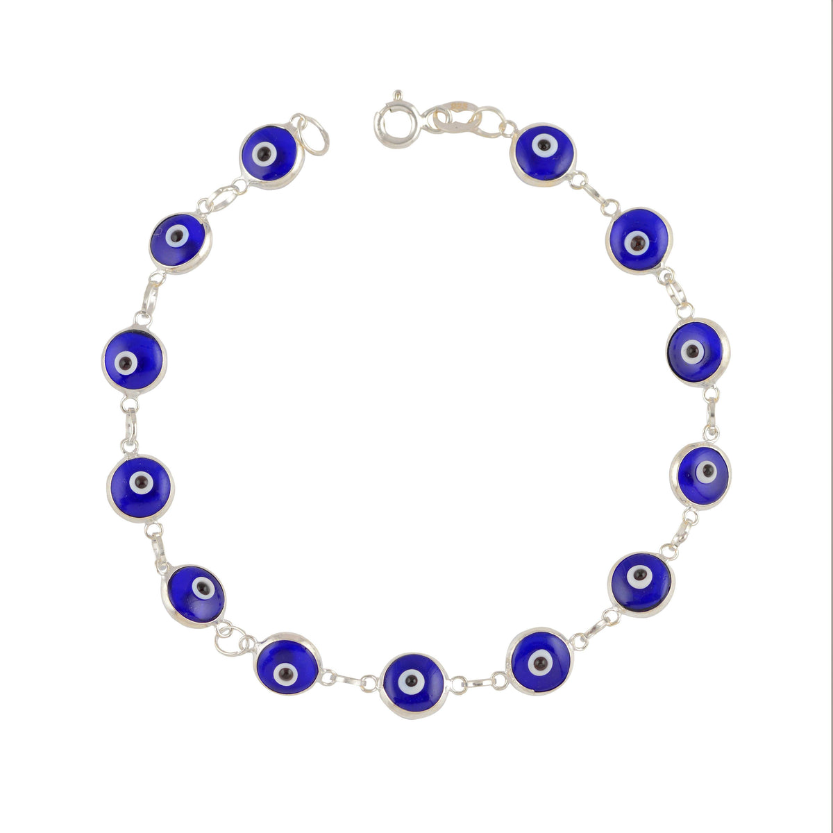 Minimalist Blue Enamel Evil Eye Bracelet in Pure 92.5 Silver by Tavya Jewellery - side view