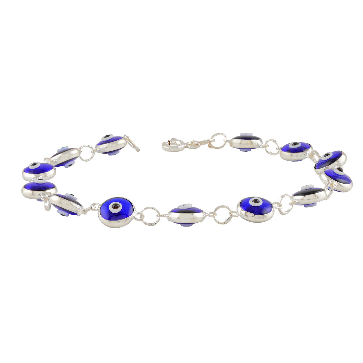 Minimalist Blue Enamel Evil Eye Bracelet featuring circular blue and white enamel charms set in polished 92.5 silver links