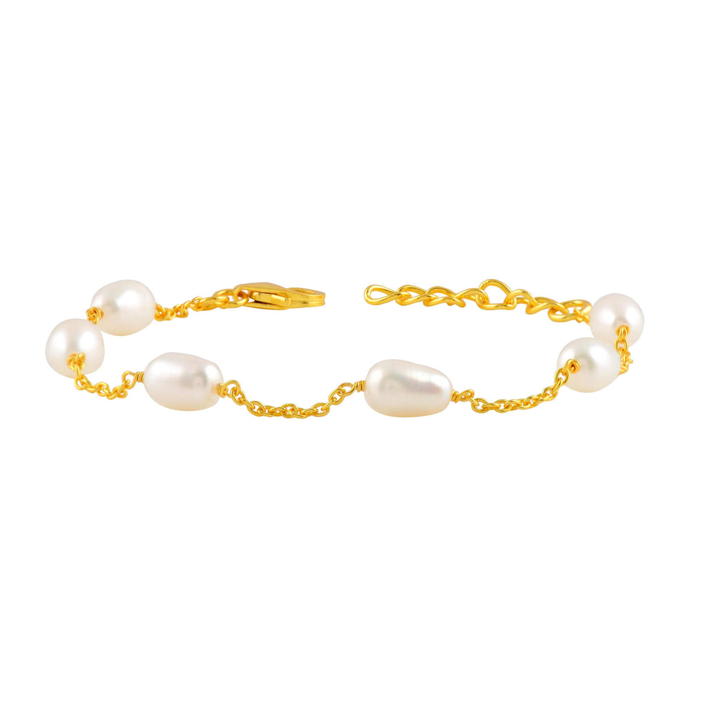 Organic Freshwater Pearl Link Silver Bracelet with gold-plated chain and irregular white pearls showcasing an elegant, delicate design.